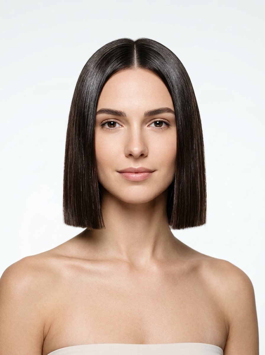 Portrait of a woman with center-parted, chin-length dark hair against a white background.