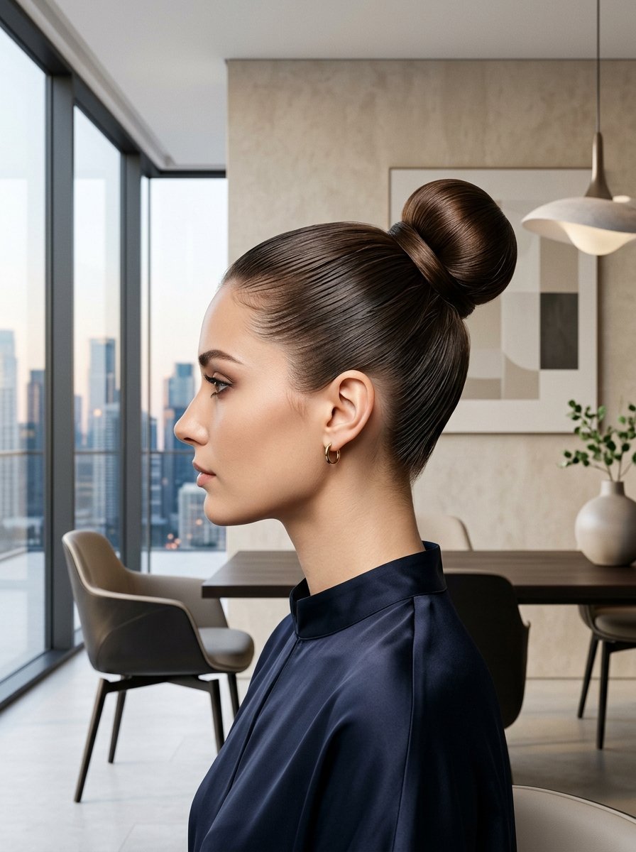 Side profile of a woman with her brown hair styled in a neat, polished top knot in a modern apartment.