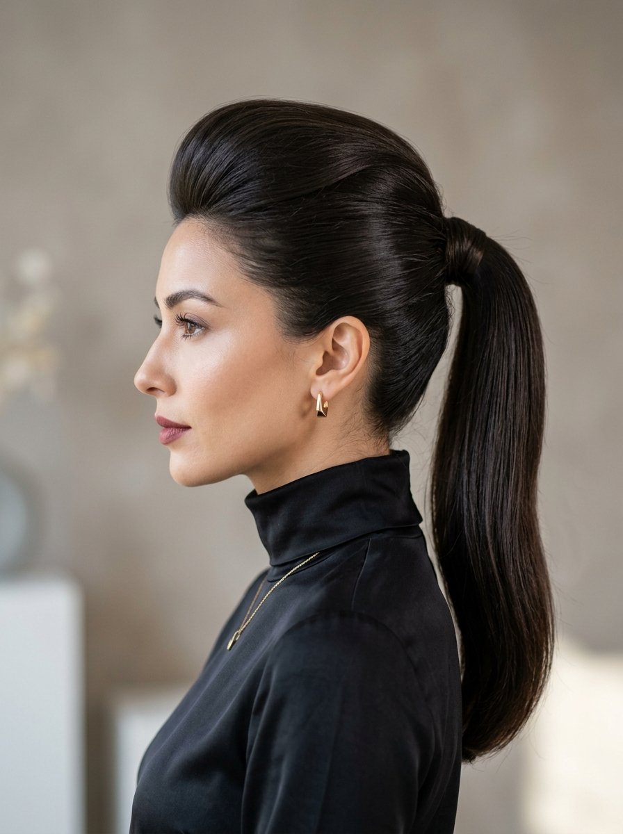 Side profile of a woman with dark hair styled in a smooth, high ponytail wearing a black turtleneck.