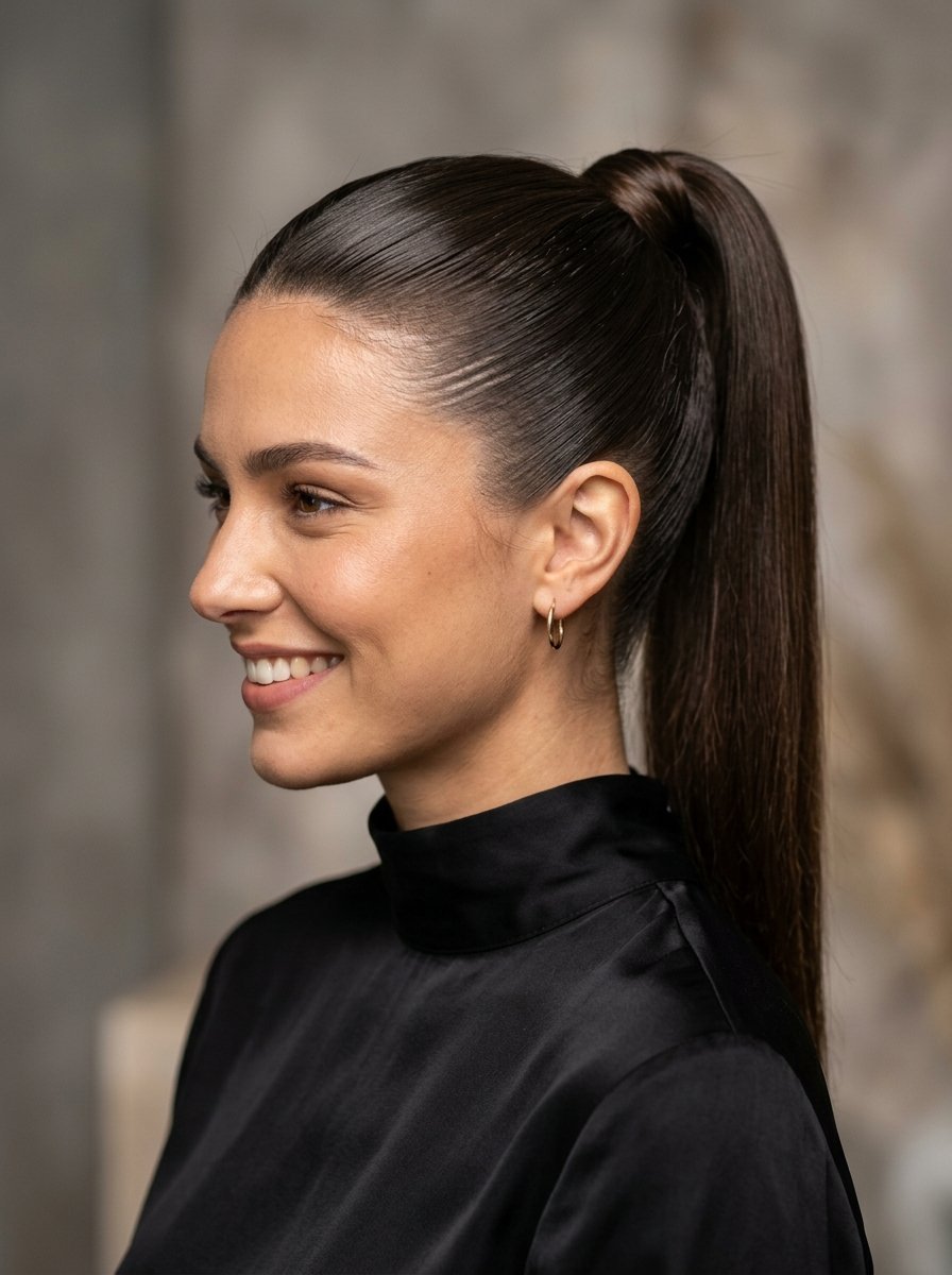 Portrait of a woman smiling in profile wearing a high smooth ponytail and a black satin top.