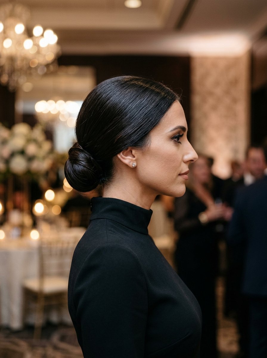 Profile view of a woman with shiny dark hair pulled back into a sophisticated low bun at a formal evening event.