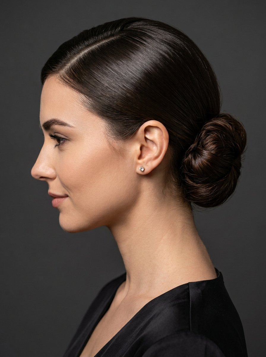 Close-up side profile of a woman with dark hair styled in a smooth, elegant low bun wearing a small stud earring.