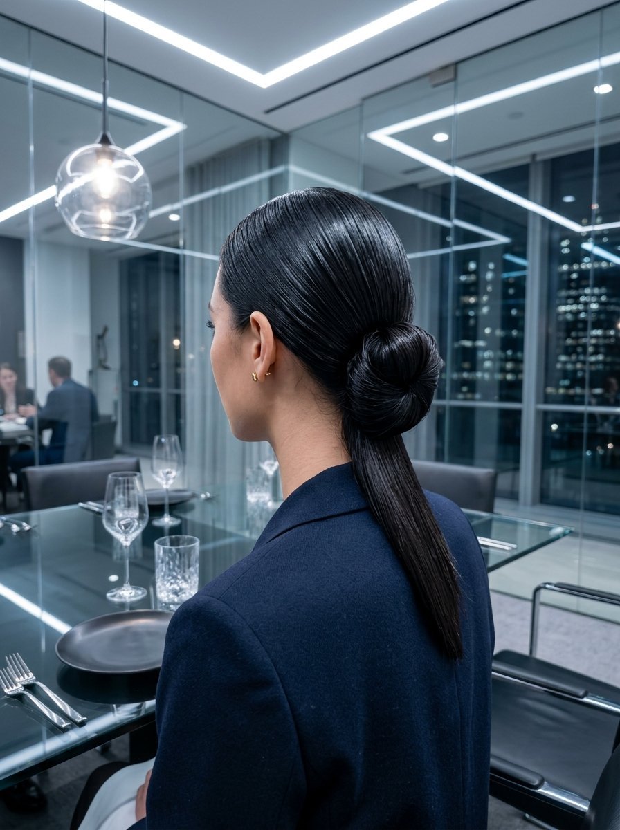 Back view of a woman with sleek dark hair styled in a low bun wearing a navy blazer in a modern glass office meeting room.