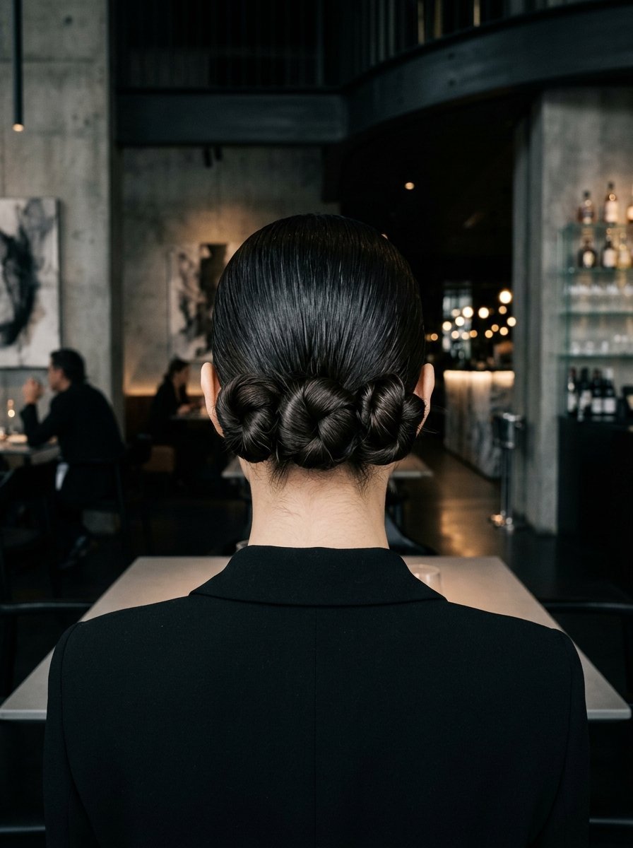 Back view of a woman wearing a black blazer and a sophisticated three-knot braided hairstyle in a restaurant.
