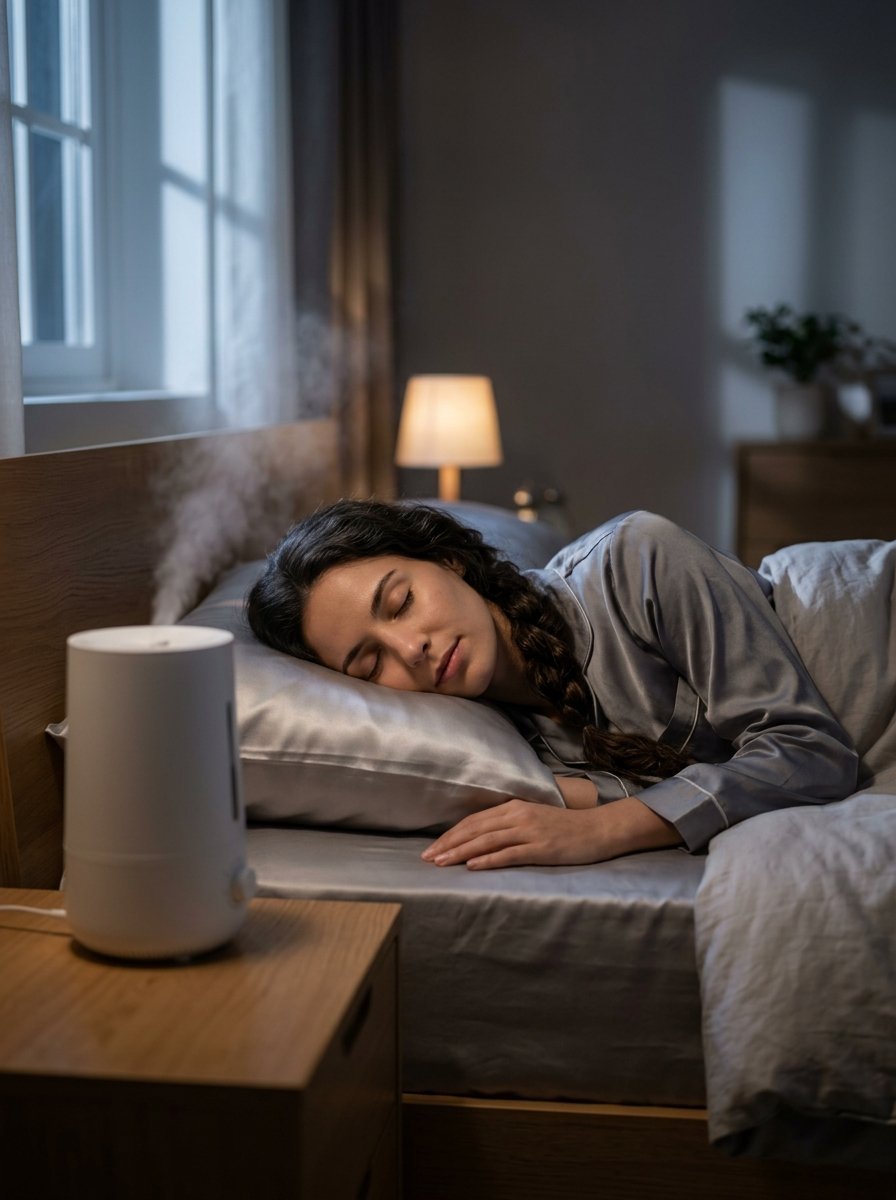 A young woman sleeps on a silk pillow while a white mist humidifier runs on her bedside table at night.