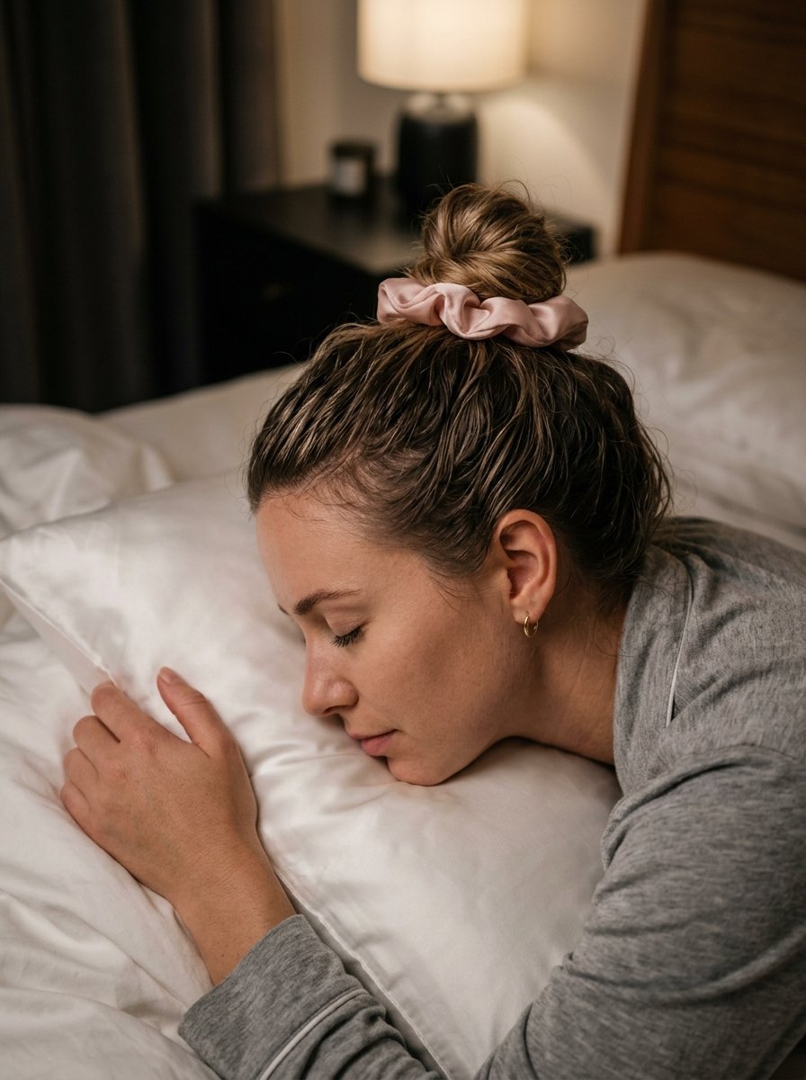 Young woman with hair in a pink scrunchie resting her head on a soft white satin pillowcase.