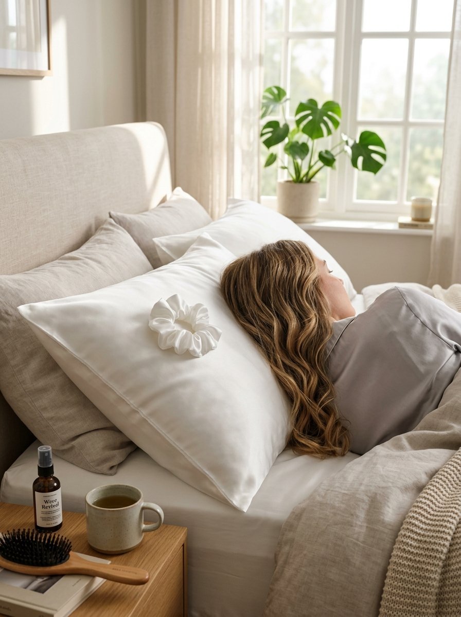 A person with wavy hair sleeping on a white pillow next to a silk scrunchie in a sunlight-filled bedroom.