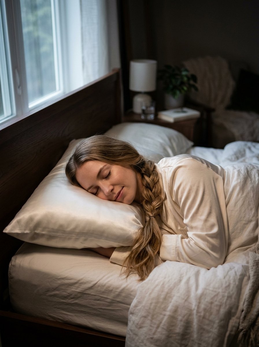 A woman with blonde braids resting her head on a smooth white pillowcase in a dimly lit bedroom.