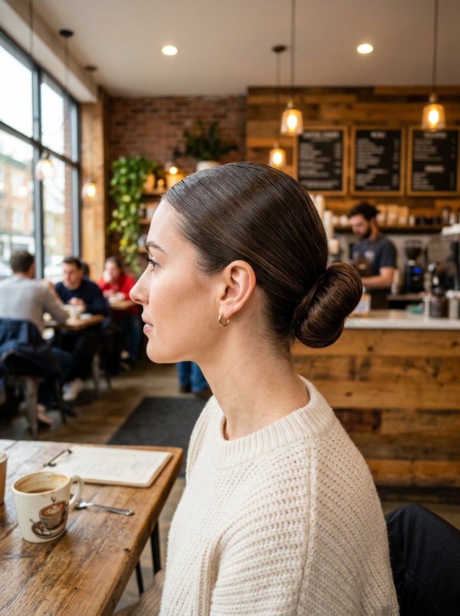Side profile of a woman wearing a cream sweater and neat hair bun inside a rustic coffee shop.