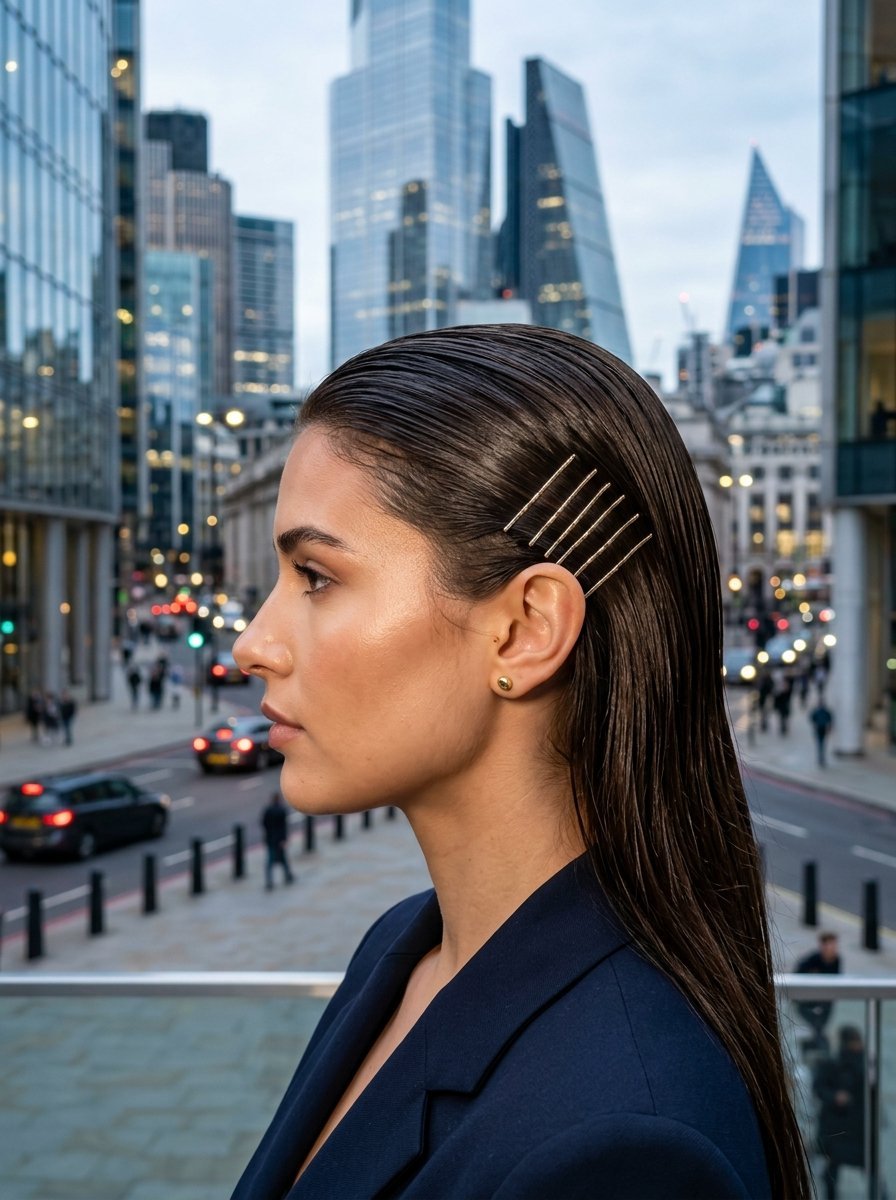 Close-up profile of a woman wearing gold bobby pins in her wet-look hair against a blurred urban London skyline background.
