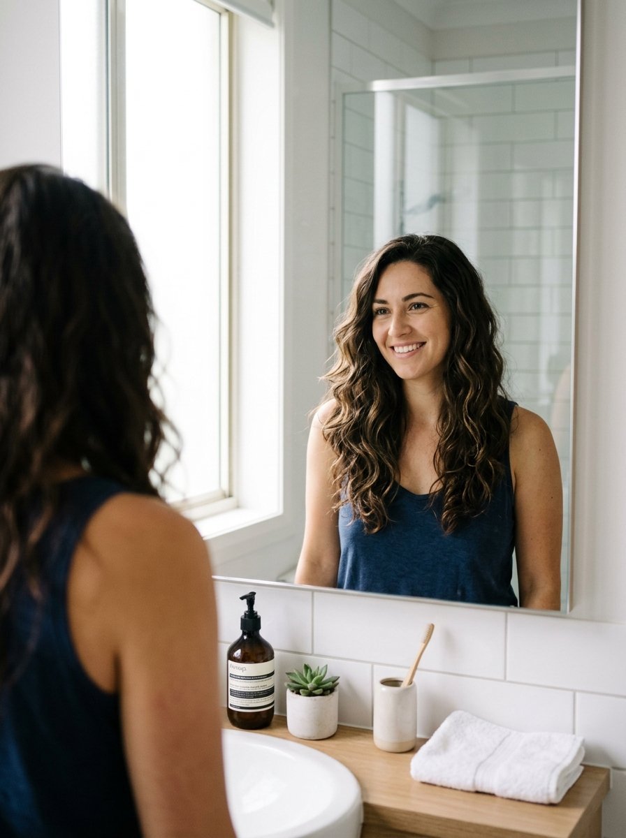 Close-up of a smiling woman with wavy hair looking at her reflection in a bright, modern bathroom mirror.