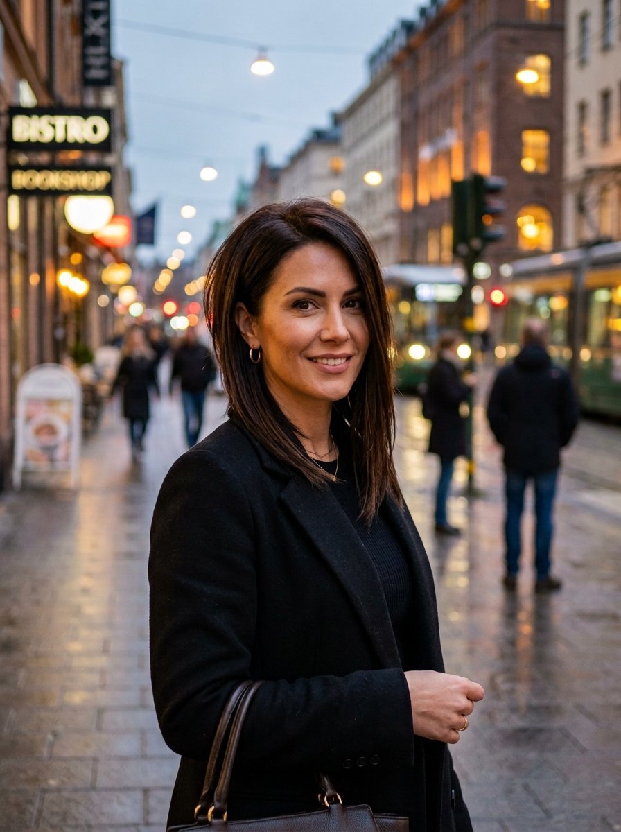Close-up of a brunette woman in a black coat standing on a European cobblestone street with blurred city lights.