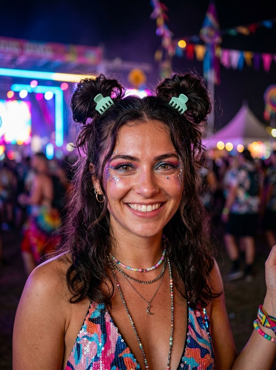 Close up of a woman wearing space buns with hair clips and face glitter at a crowded night time concert event.