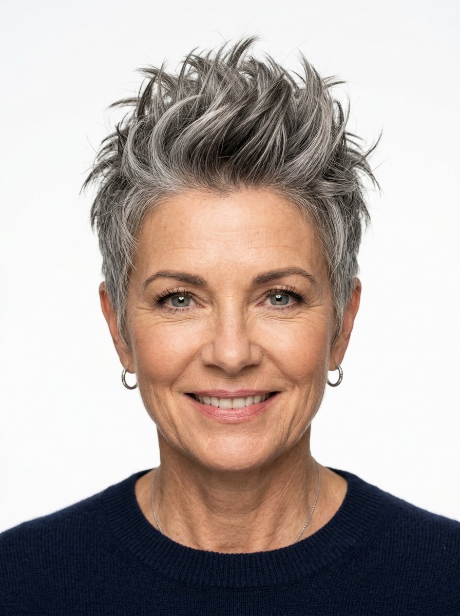 Close up portrait of a smiling woman featuring textured, short grey hair and silver hoop earrings.