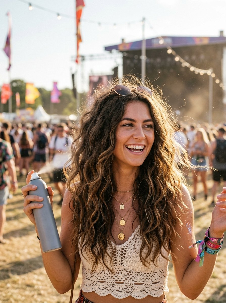 A woman with wavy hair uses a spray bottle at an outdoor music festival with a blurred crowd in the background.