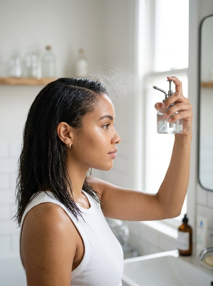 Young woman in a bathroom using a glass mister to spray water onto her hair.