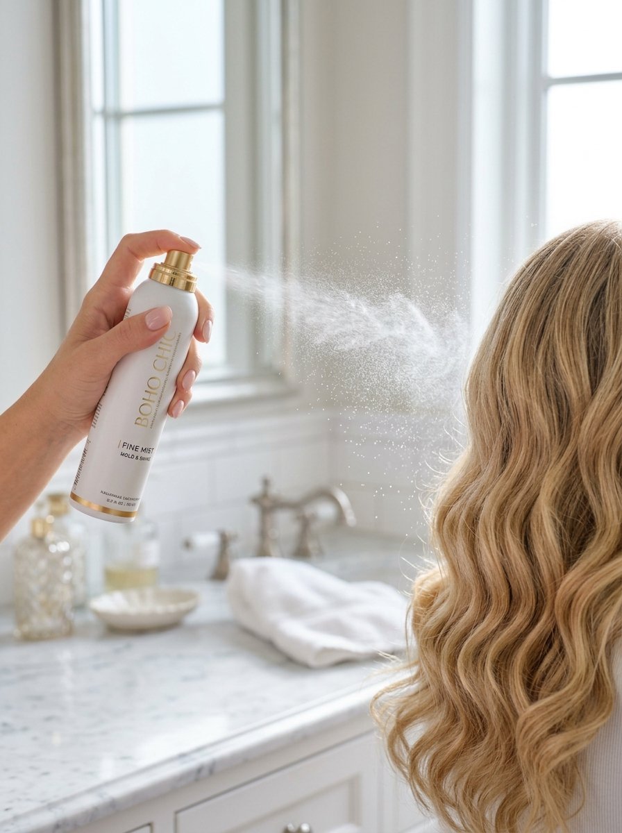 Close up of hand holding a Boho Chic hair spray bottle misting long wavy blonde hair in a bright bathroom.