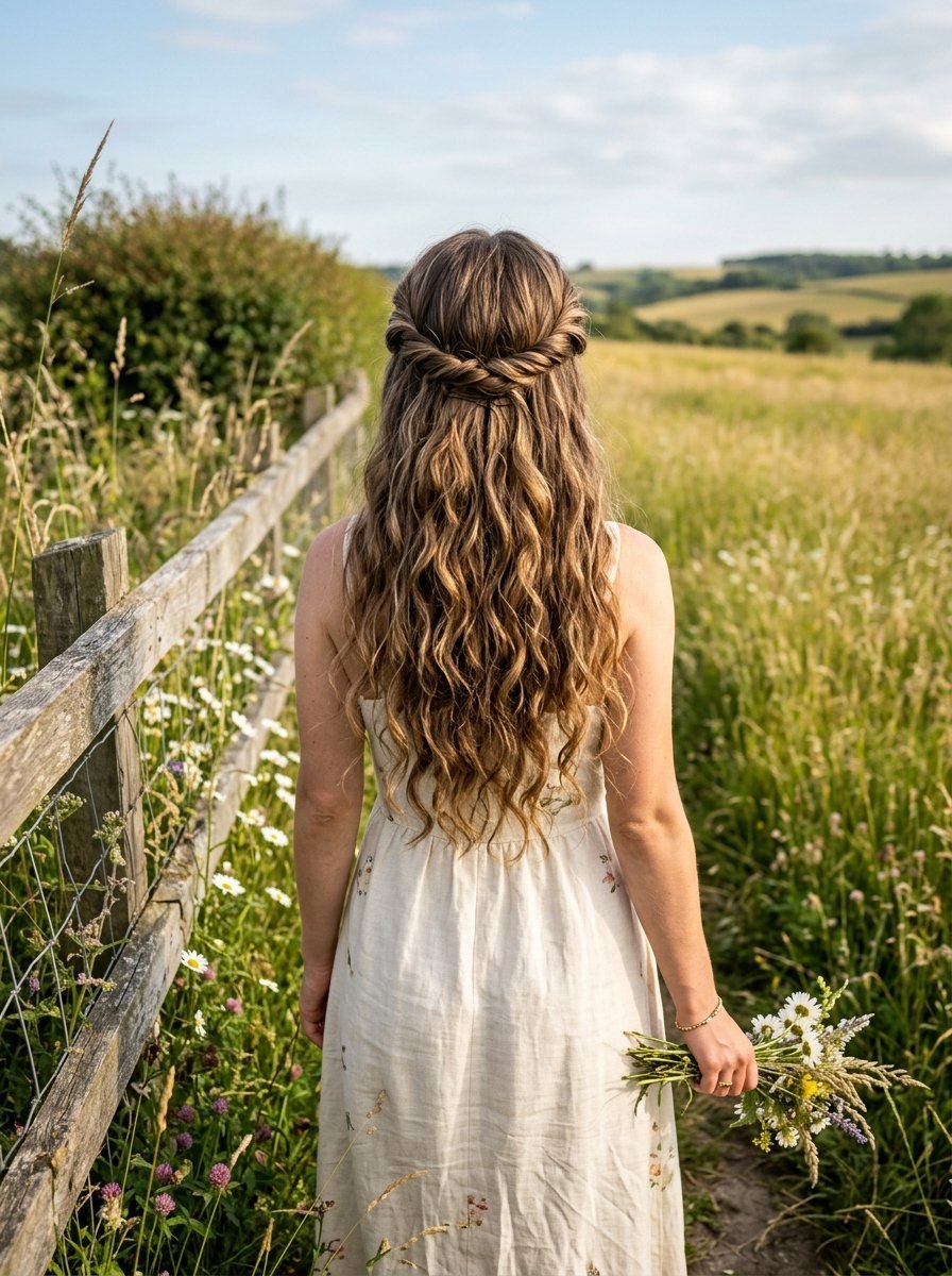 Back view of a woman in a linen dress standing by a wooden fence in a summer meadow.