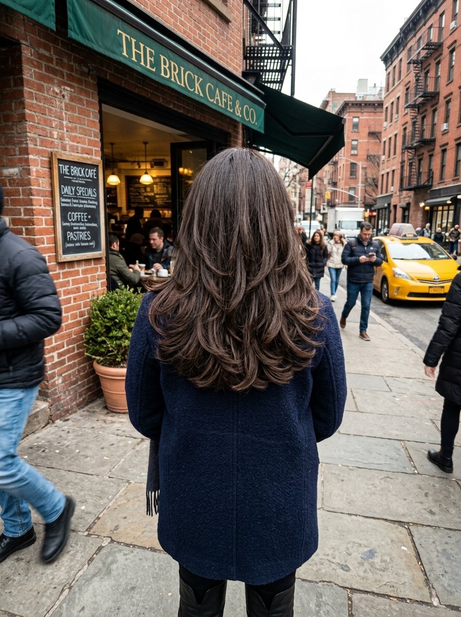 A person with long brown hair in a dark blue coat faces a sidewalk cafe entrance in New York City.
