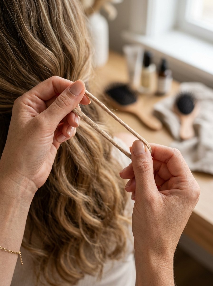 Close-up of hands pulling apart a beige fabric hair elastic band before styling wavy blonde hair.