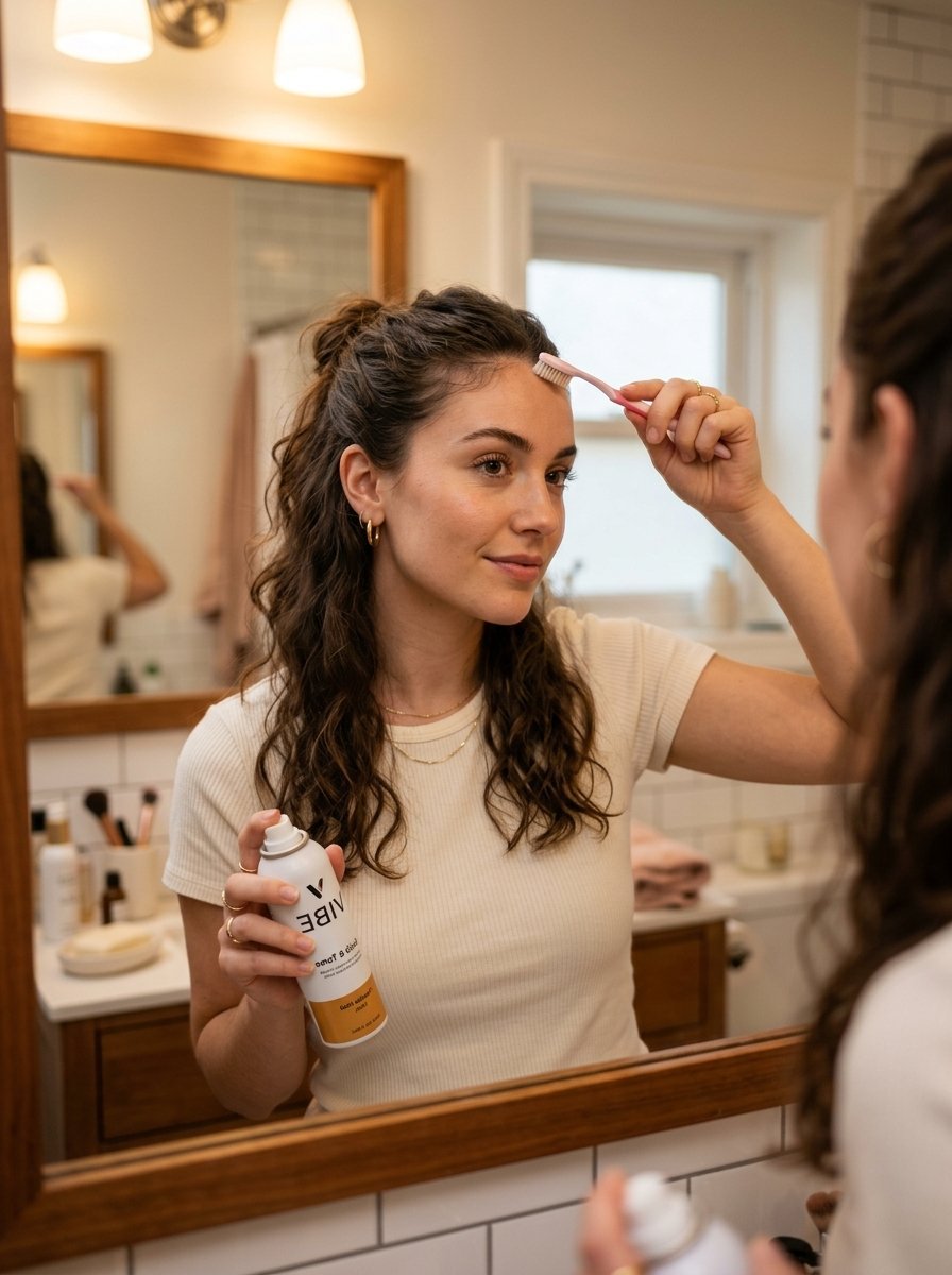 Woman in front of a bathroom mirror applying product with a brush to her hair.