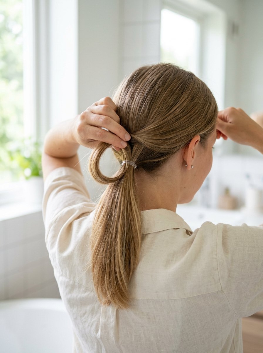 Blonde woman pulling a strand of hair through a clear elastic tie to create a loop ponytail.