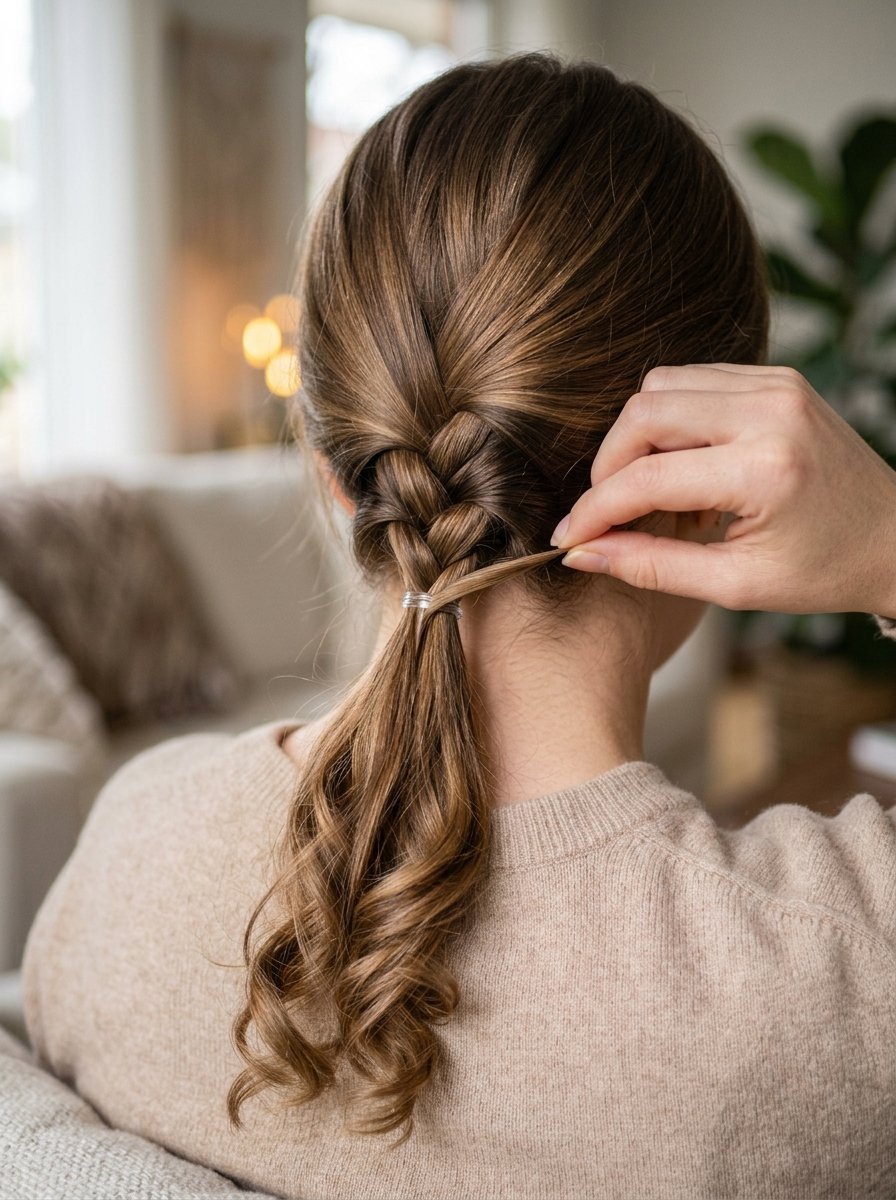 Close-up view of hands pulling a strand of hair to wrap around a clear elastic band on a brown braided ponytail.