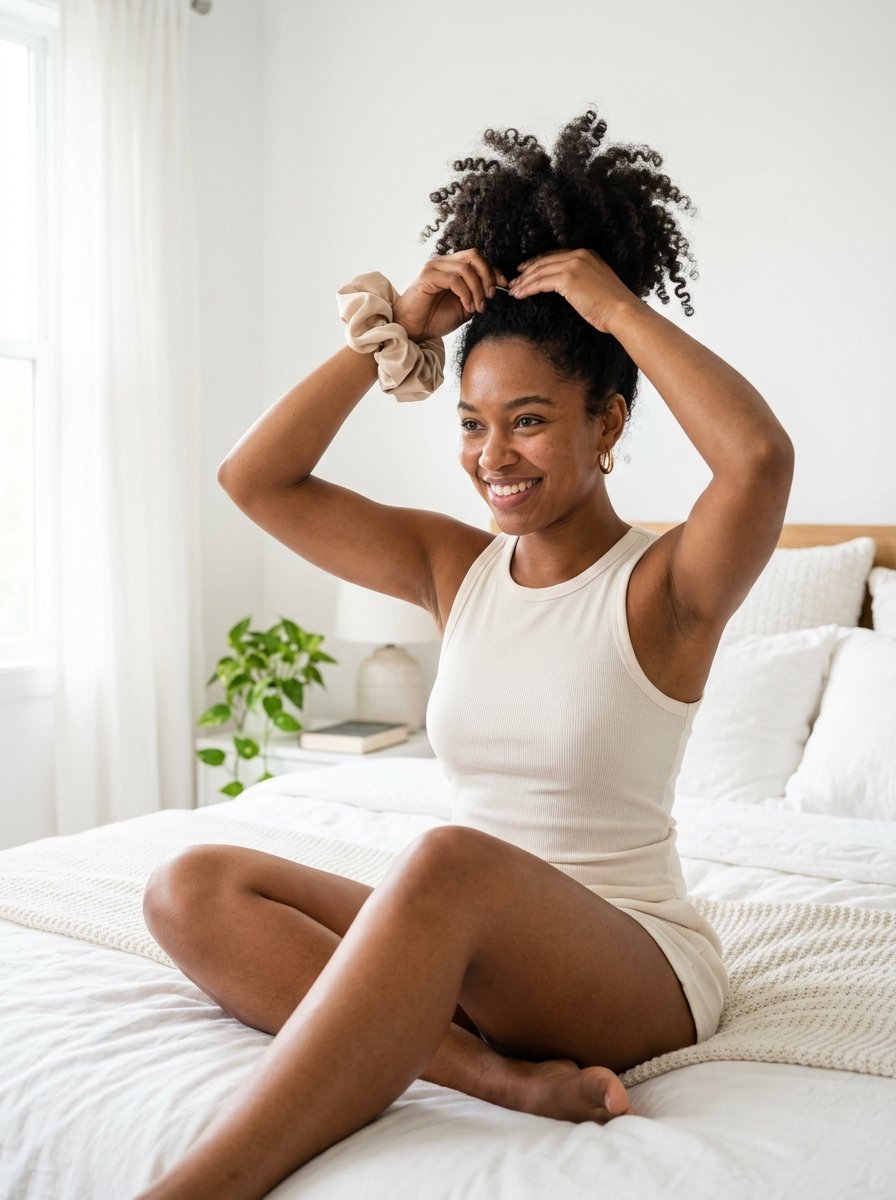 Smiling woman in a white ribbed tank top adjusting her high curly ponytail with a beige satin scrunchie on a bed.