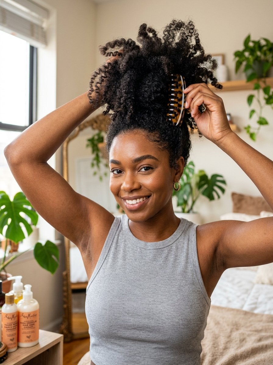 A smiling Black woman in a grey tank top using a tortoiseshell hair claw to style her voluminous curly hair.
