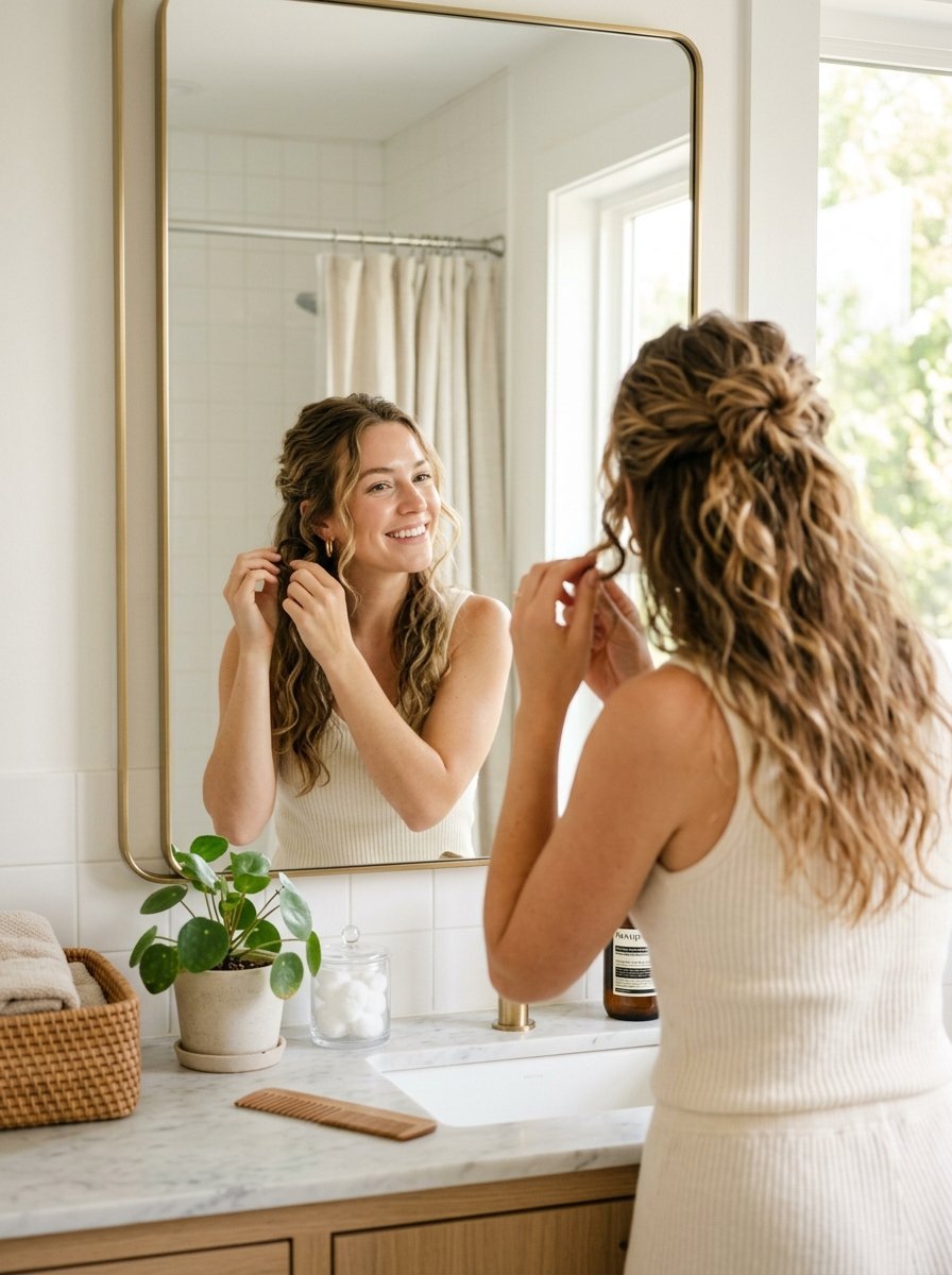 Smiling woman adjusting her half-up curly hairstyle while looking at her reflection in a gold framed mirror.