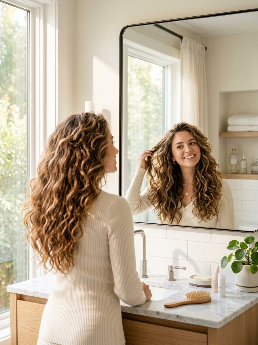 Young woman in a beige sweater checking her long wavy brunette hair in a modern bathroom mirror.