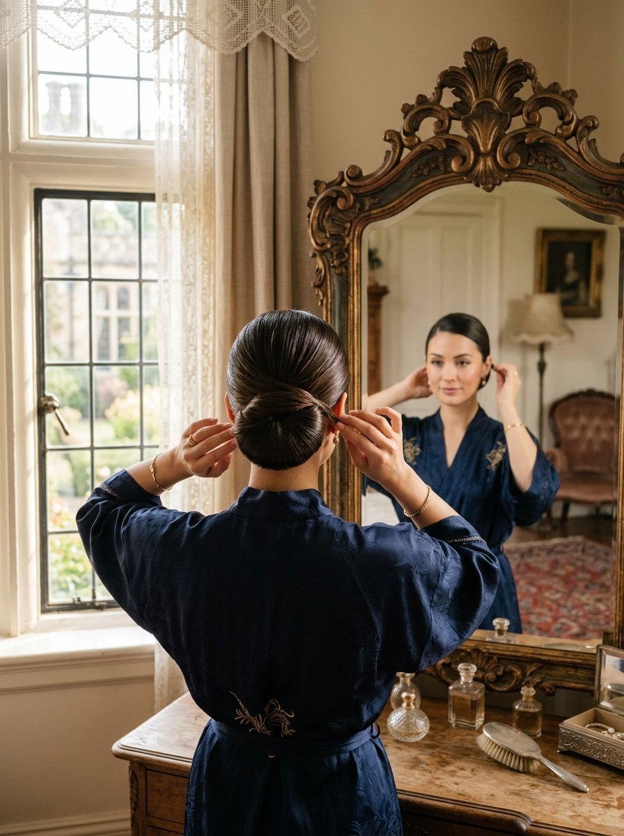 Woman seen from behind adjusting her elegant hair bun while looking into an ornate wooden vanity mirror.