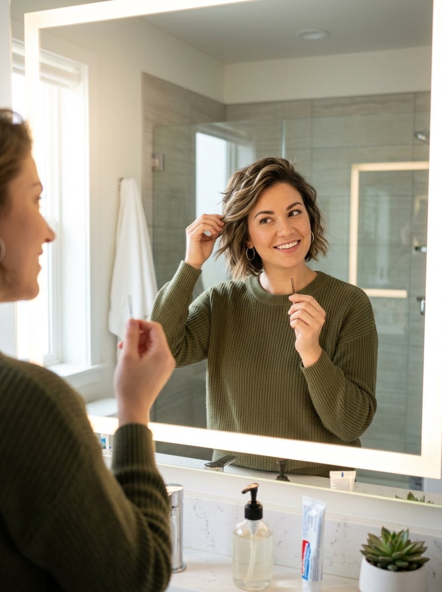 A woman in an olive green sweater looks in a lit mirror while placing a hair pin into her wavy brown hair.