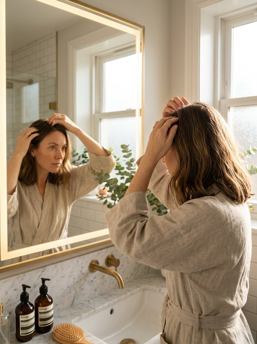 Woman wearing a beige linen robe touching her wavy brown hair while looking into a backlit bathroom mirror.