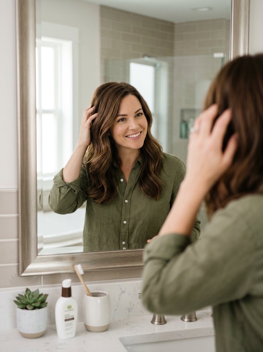 Close-up of a smiling woman adjusting her brunette waves while looking into a bathroom vanity mirror.