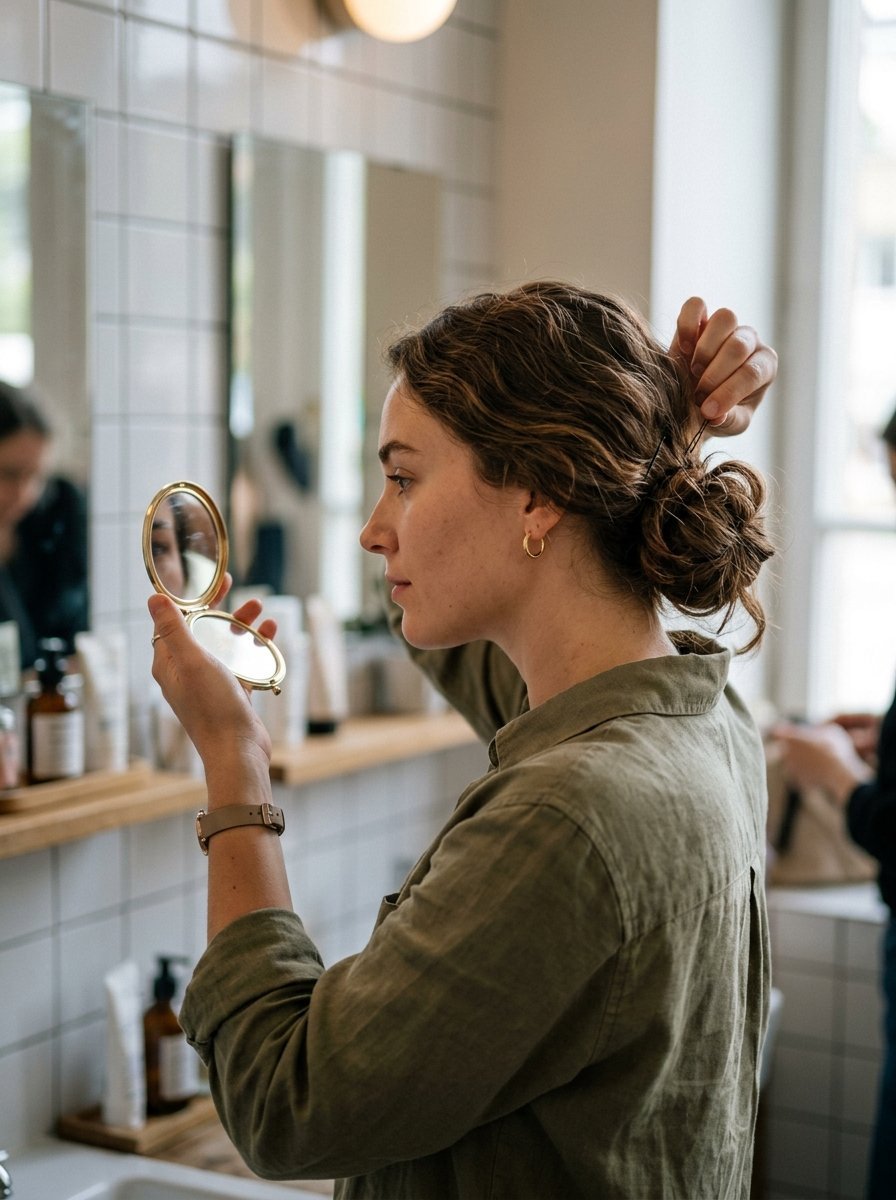 Woman in an olive shirt pinning her wavy hair into a bun while holding a gold compact mirror in a tiled bathroom.