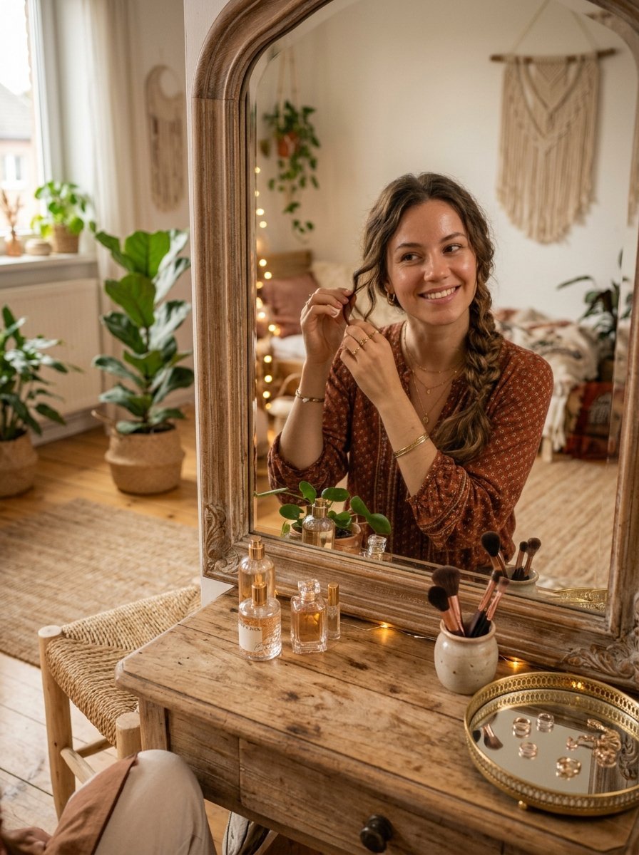 A woman in a terracotta blouse fixes her hair in front of an antique mirror surrounded by perfume and makeup brushes.