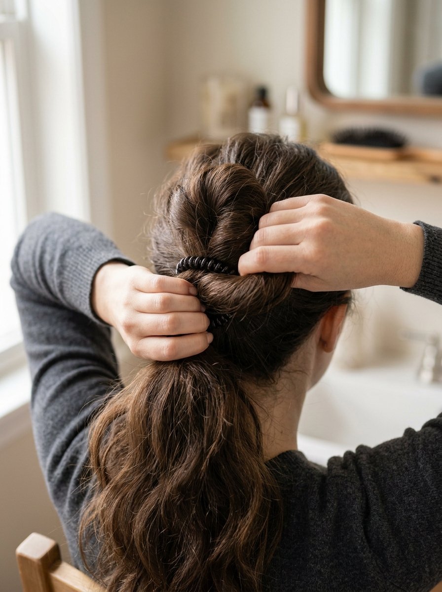 A person viewed from behind using a black coiled hair tie to create a messy bun.