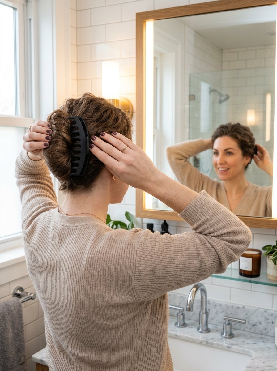 A woman facing a bathroom mirror using a large black hair claw to pull her brown hair into a loose bun.