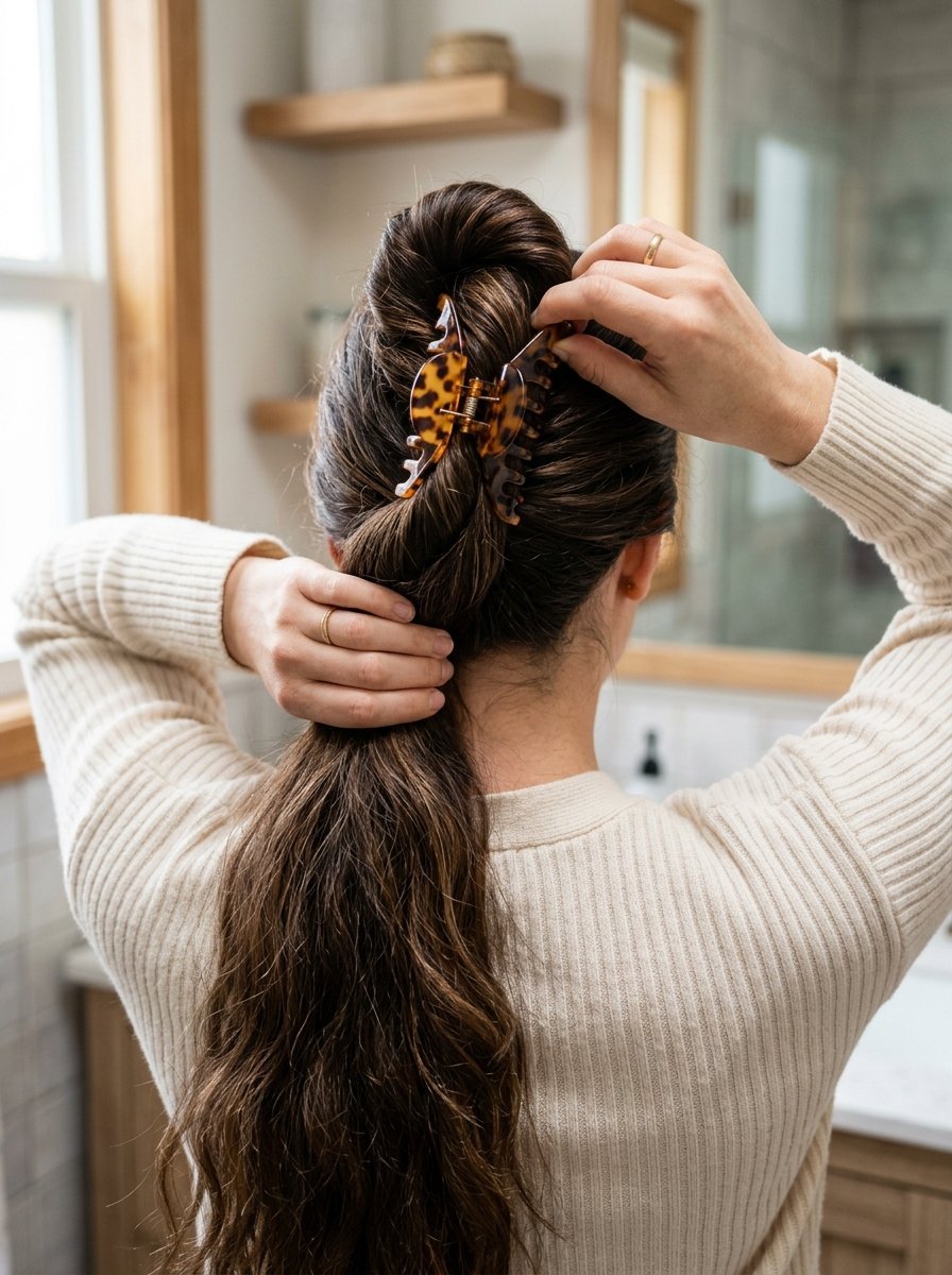 Back view of a person with brown hair securing a partial updo using a patterned tortoise print hair accessory.