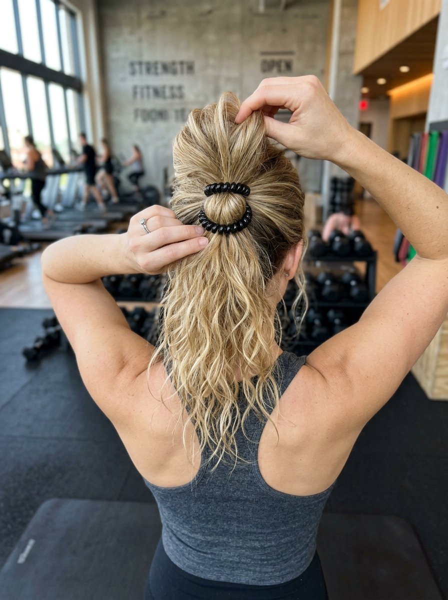 Back view of a blonde woman wearing a grey tank top using two black spiral hair ties for a high ponytail.