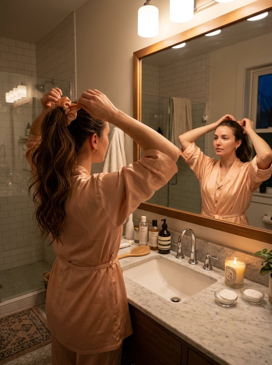 Back view of a woman wearing a peach robe styling her long brown hair with a silk scrunchie in front of a vanity.