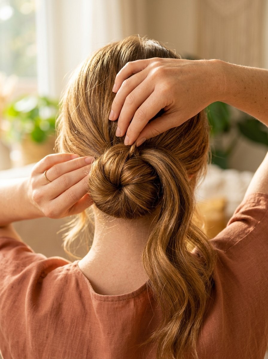 Close up rear view of a woman using her hands to twist her long hair into a casual low bun hairstyle.