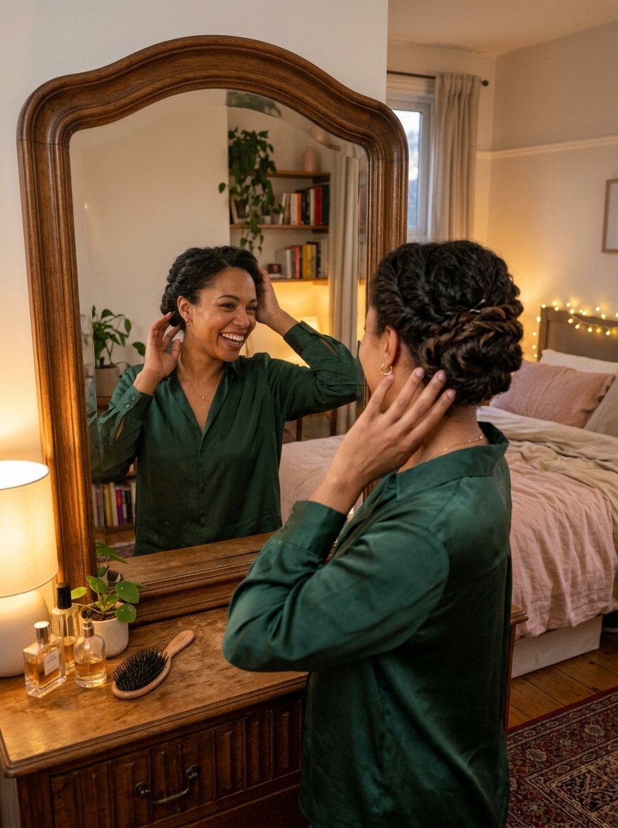 A woman in a green silk shirt smiles while fixing her hair in a wooden mirror inside a warm bedroom.
