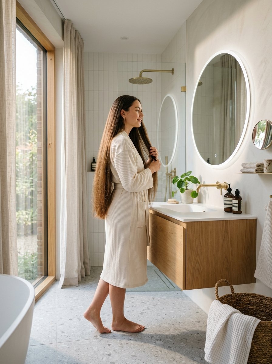 A person with long brown hair stands in a bright, modern bathroom looking into a round illuminated mirror.