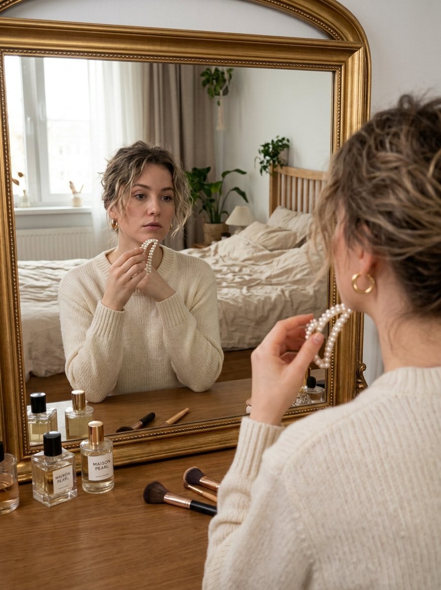 Young woman with blonde hair looking at her reflection while holding a pearl hair accessory at a dressing table.