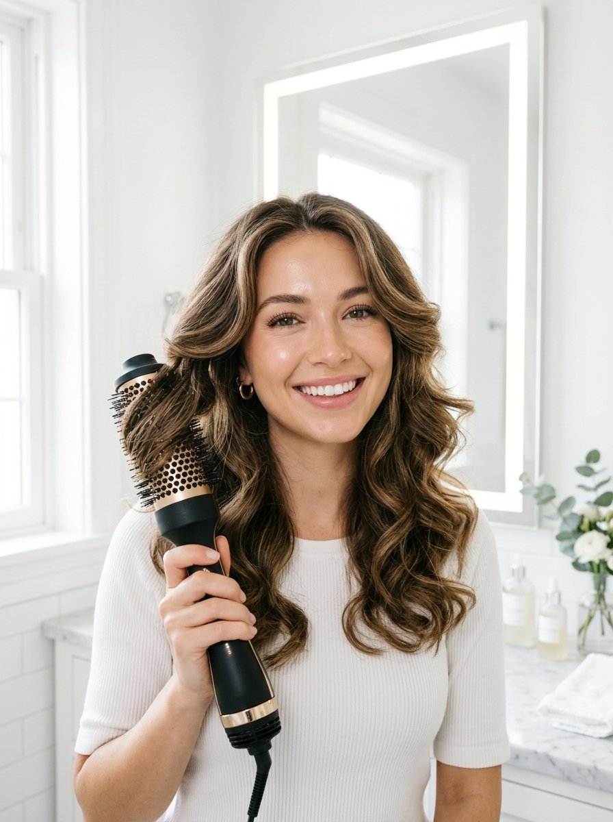Portrait of a woman with bouncy waves holding a professional hot air styling brush in a bright bathroom.