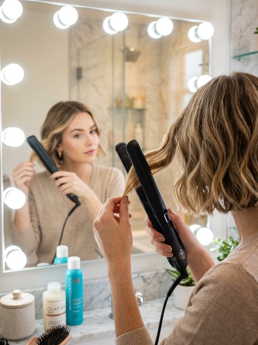 Close up of a blonde woman curling her hair with a flat iron in a bathroom mirror with vanity lights.