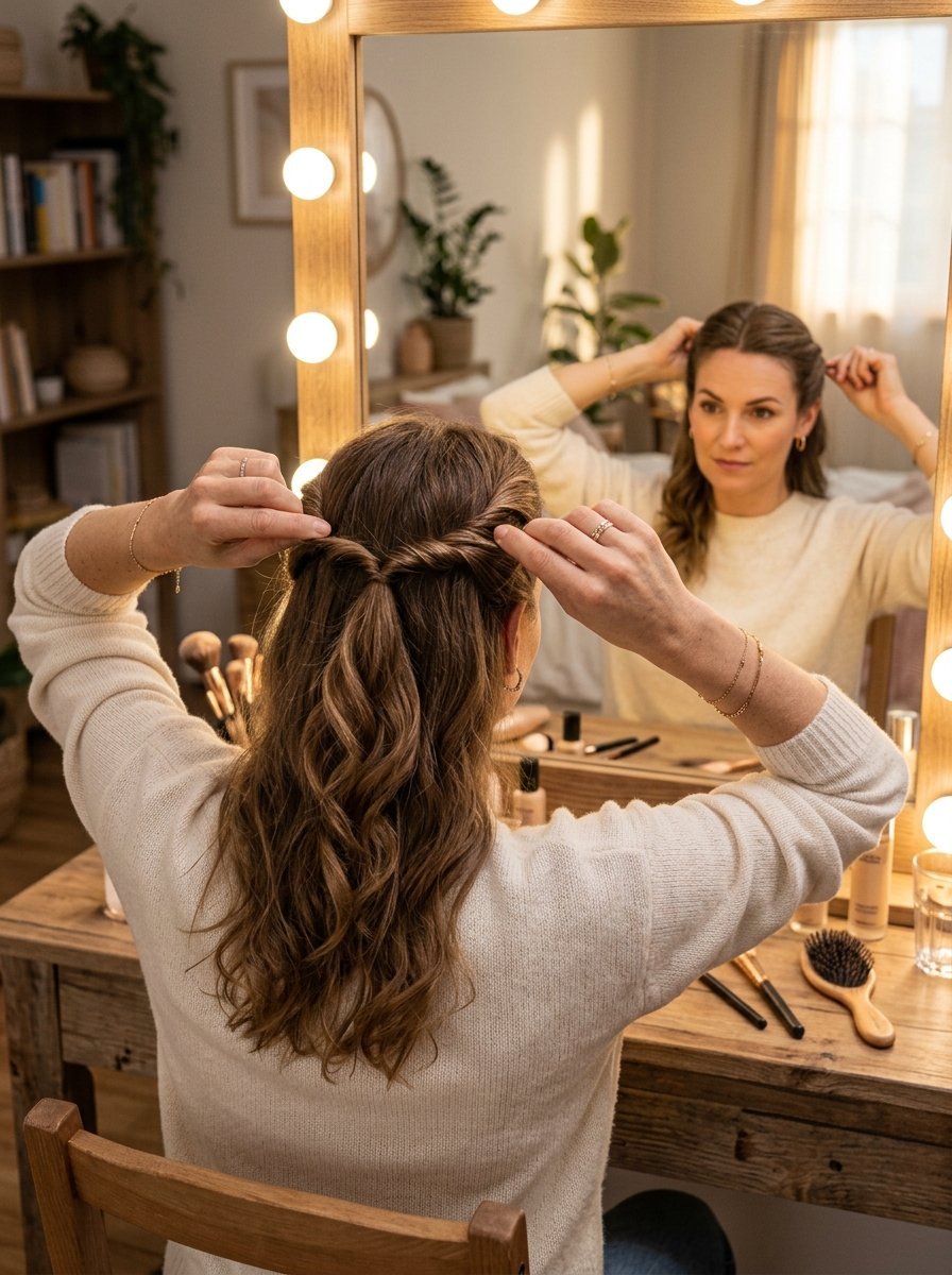 A person from behind adjusts a twisted half-updo while facing a mirror with glowing light bulbs.