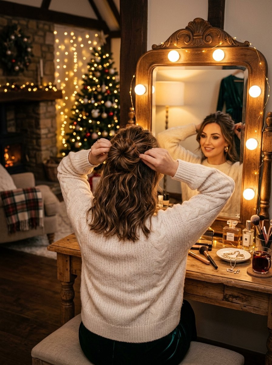 A woman in a cream sweater fixes her hair while looking into a lighted vanity mirror in a decorated room.